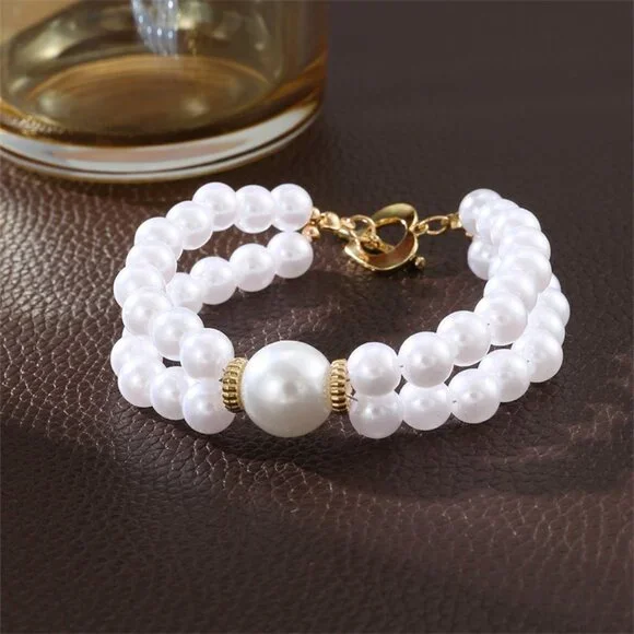 3/$35 Elegant White Beads Pearl Toggle Bracelet Layered Stackable Jewelry - Picture 4 of 8